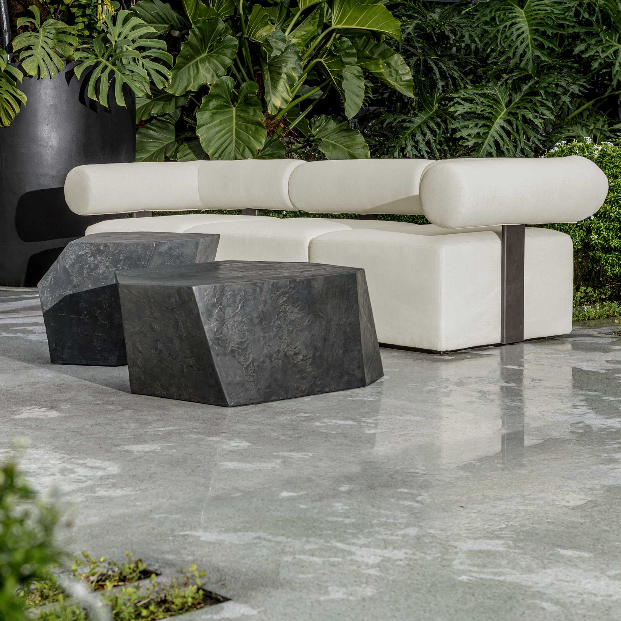 Bolster Back White Armless Outdoor Sofa